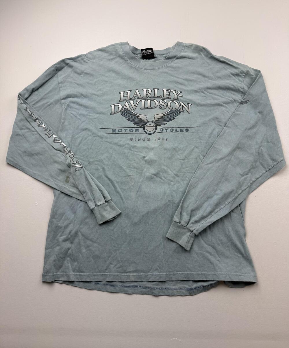 Vintage Harley-Davidson Shirt Mens Blue Long Sleeve Graphic Curly's NC Tee Read